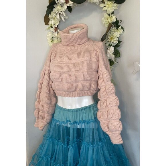 Bubble Gum Pink Turtleneck Cropped Chunky Puffy Sweater Small Medium Trendy EUC - Picture 15 of 16